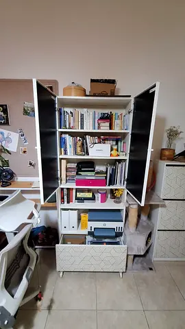 White Storage Cabinet with Shelves and Drawers - Good Condition