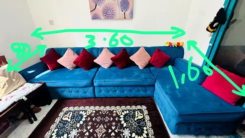 Blue L-shaped Velvet Corner Sofa – 3.6m, Good Condition