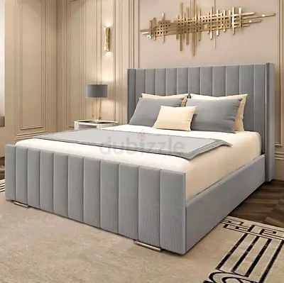 Modern Grey Upholstered Bed Frame with Winged Headboard