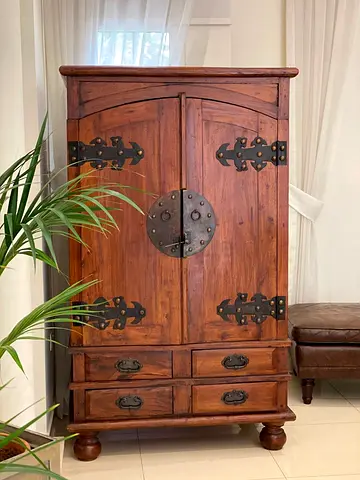 Teak wood armoire cabinet shelf wardrobe with drawers doors can be fully opened to the sides