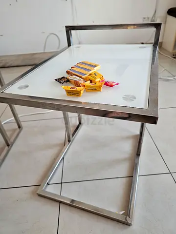 Glass top stainless steel side table - modern, good condition