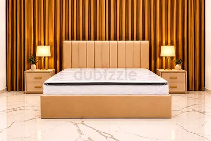 New Queen upholstered platform bed with mattress and matching nightstands