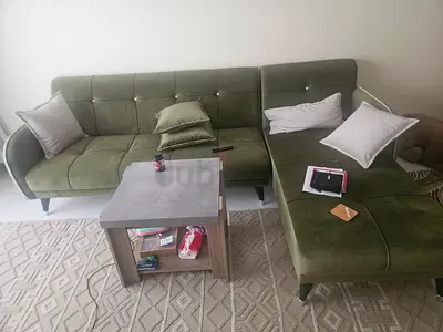 Green L-shaped Velvet Sofa with Chaise — Good Condition