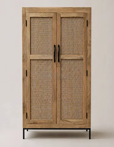 Solid Wood Rattan Two-Door Wardrobe / Storage Cabinet