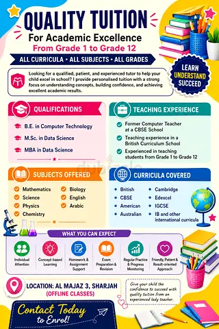 Experienced Lady Tutor | Maths, Science, English & Arabic | Grades 1–12