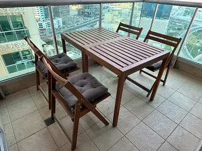 Wooden Outdoor Dining Set - 4 Folding Chairs + 2x Tables