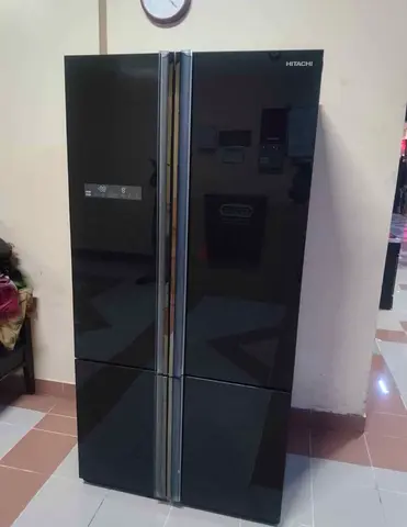 Hitachi 4-Door Black Glass Refrigerator - Excellent Condition