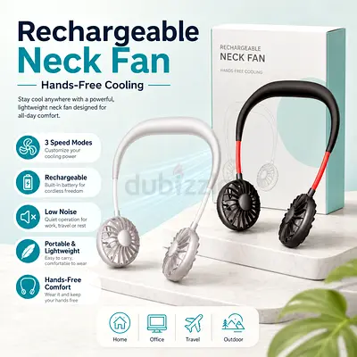 Rechargeable Hands-Free Neck Fan — Lightweight, 3-Speed, Portable