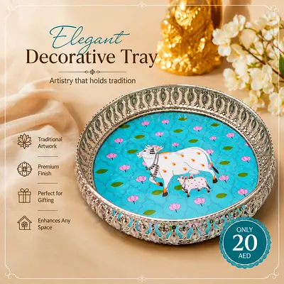 Decorative Round Tray with Hand-Painted Cow Motif