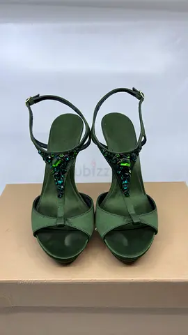 Burberry Green Satin Heels With Diamante - Size 37