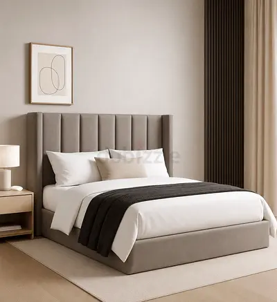 New Upholstered King Bed Frame with Tall Channel-Tufted Headboard - Beige