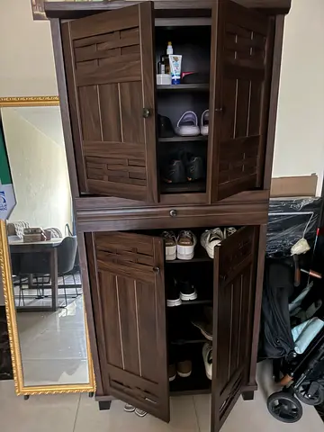 Solid Wood Tall Shoe Cabinet / Storage Cupboard - Dark Brown