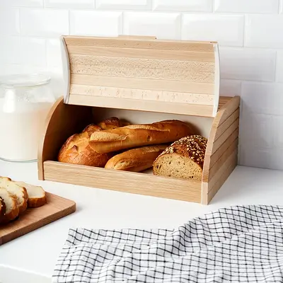 IKEA magasin Wooden Roll-Top Bread Box — Natural Pine Kitchen Storage