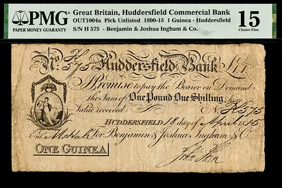 Great Britain, 1800 - 1815, Huddersfield Commercial Bank, 1 Guinea, VERY RARE, UK, PMG 15