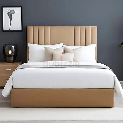New Upholstered Queen Size Bed with Padded Headboard - Beige and Mattress