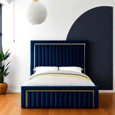 New Blue Velvet Bed Frame with Gold Trim - Queen Size