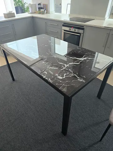 Modern Marble-Effect Glass Dining Table with Black Metal Frame
