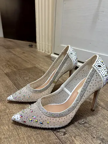 White crystal-embellished stiletto heels, size likely UK 5/EU 38