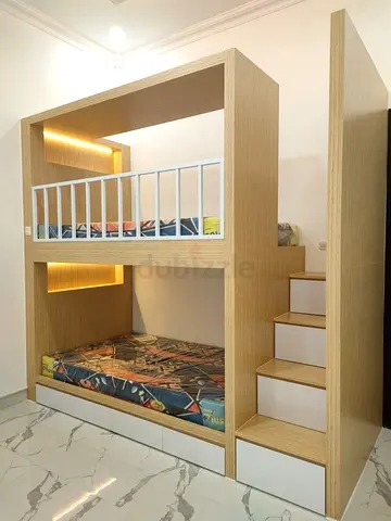 Modern Wooden Bunk Bed with Storage and LED Lighting