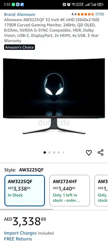 QOLED 240HZ Alienware AW3225QF 32 Inch 4K UHD (3840x2160) 1700R Curved new without box