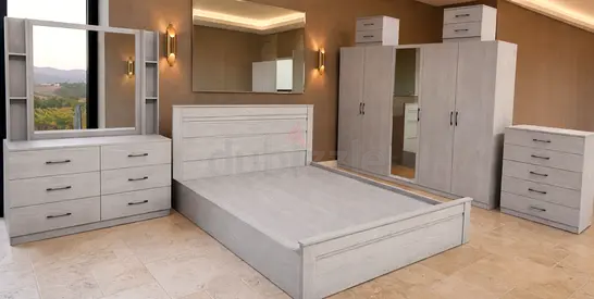 New Light Grey 5-Piece Bedroom Set with Bed, Wardrobe, Dressers and Mirror