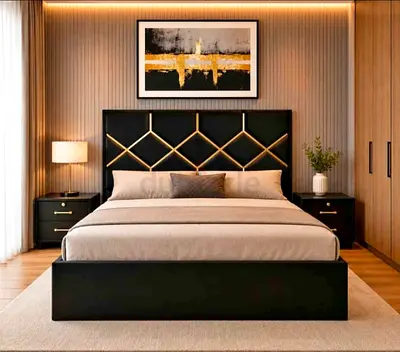 New Modern Black Queen Bed with Upholstered Geometric Headboard Nightstand and Mattress