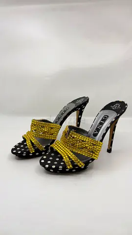 Gina Gold/Black Crystal Embellished Polka Dot Fabric Slide Size 6