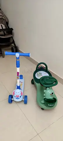Kids 3-Wheel Bunny Scooter + Green Ride-On Car - Good Condition