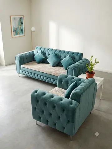 Teal Velvet 3-Seater+1 Chesterfield Sofa with Cushions