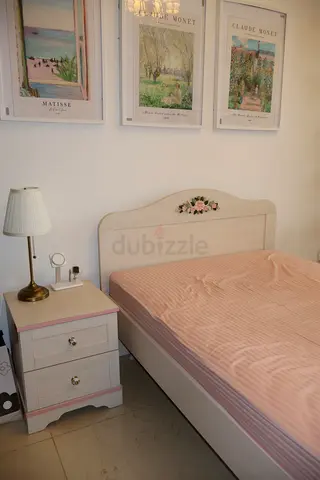 Bed frame + Bed stand (beige with flowers decoration)