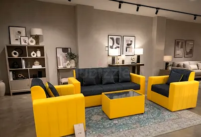 3+2 Sofa Set in elegant yellow and charcoal finish. Built with a strong wooden frame and high-densit