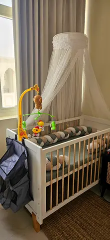White Wooden Baby Crib with Canopy and Mobile - Good Condition