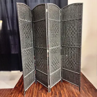 4-Panel Woven Room Divider / Privacy Screen – Black – 6ft Tall