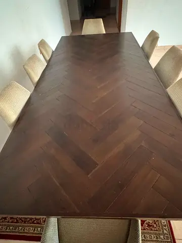 Solid Wood Dining Table with 8 Chairs - Dark Herringbone Top