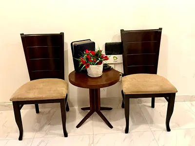 2XL Pair of Wooden Dining Chairs with Small Round Side Table - Dark Wood