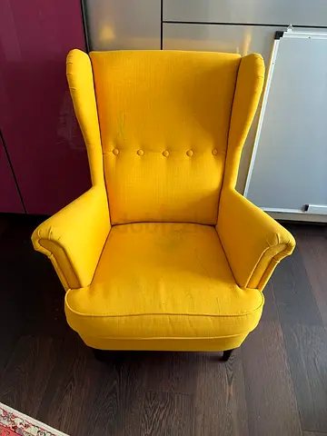 Yellow Upholstered Wingback Armchair with Wooden Legs - Used, needs a new cover