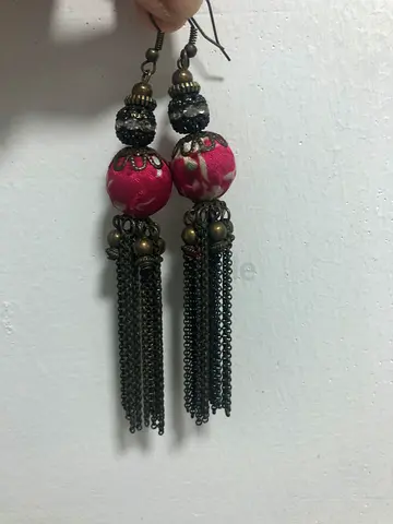 Handmade Boho Tassel Drop Earrings with Pink Fabric Beads