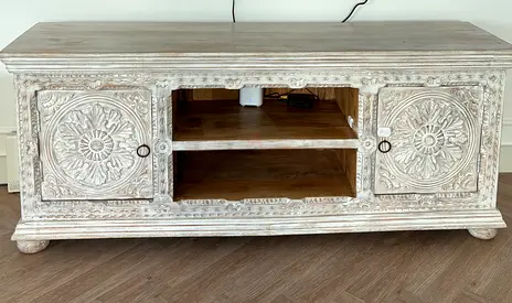 Long narrow TV console / media bench in off white - full wood