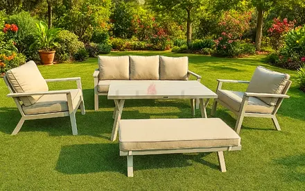 5-piece outdoor garden lounge set with cushions (sofa, 2 armchairs, bench, table)