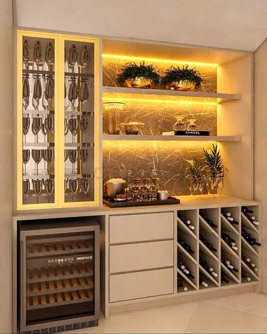 Modern Home Bar Cabinet with Wine Storage and Display Shelves