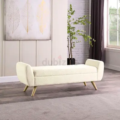 Cream Bouclé Upholstered Bench with Rolled Ends