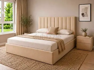 New Beige Upholstered King Size Bed with Padded Headboard and Nightstand plus Mattress