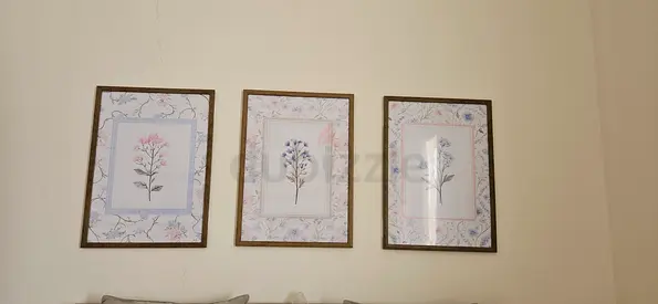 Set of 3 50x70 Framed Botanical Wall Art Prints - Beige Floral Motif