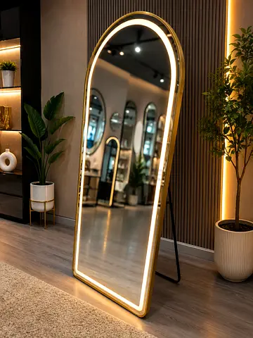 Full-Length Arched LED Floor Mirror with Gold Frame