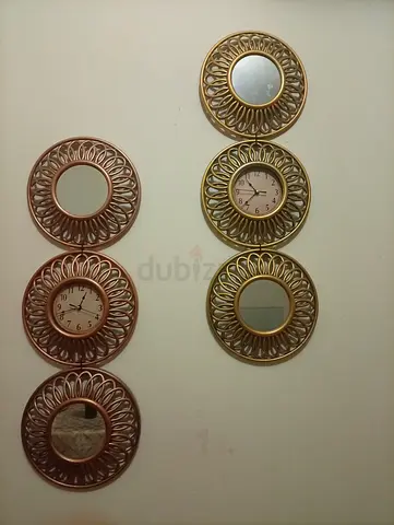 Set of Decorative Wall Mirrors with Clocks (6-piece) - Gold & Copper