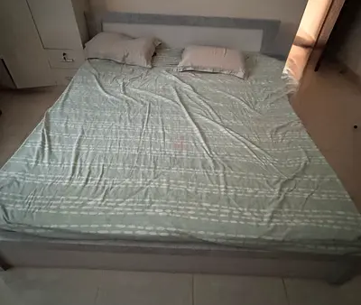 King size bed frame with mattress and pillows - light grey, good condition