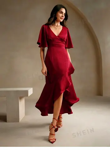 Maroon V-neck Ruffled Midi Dress with Flutter Sleeves - Size Available