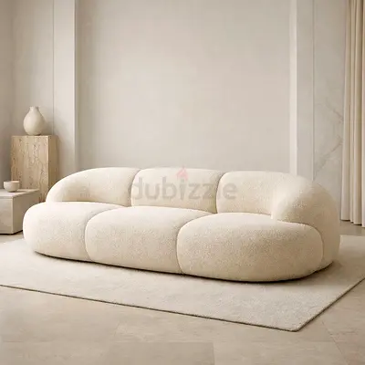 Cream boucle 3-seater modern plush sofa