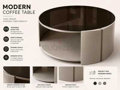 Modern Round Coffee Table with Tempered Glass Top
