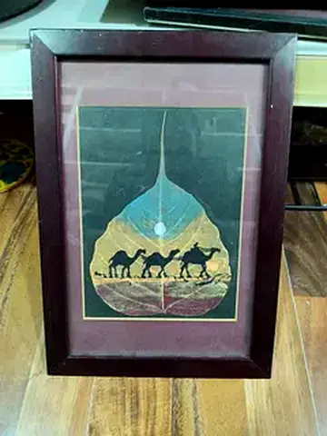 Framed Leaf Art with Camel Caravan 29x20cm